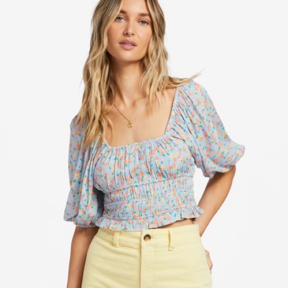 Billabong Keep Dreaming Light Blue Floral Puff Sleeve Crop Top Womens Large